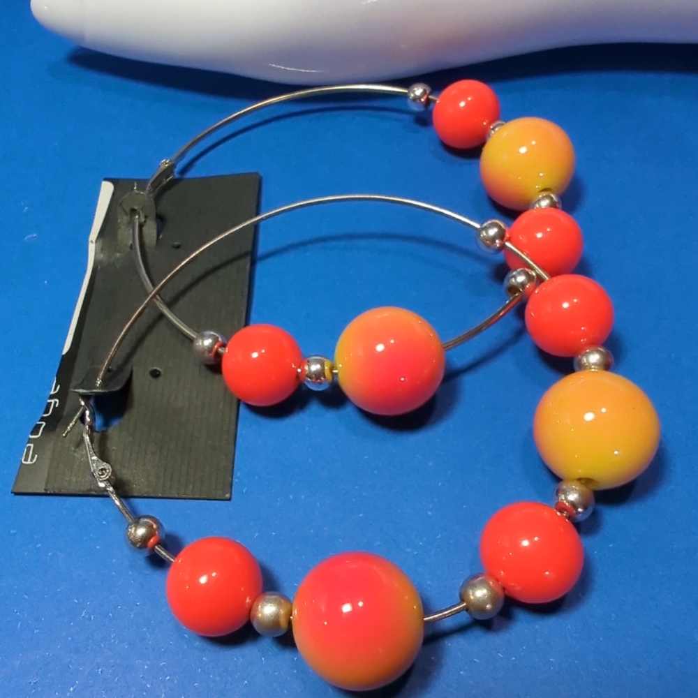 Elegant Large Hoop Earrings Orange/Yellow Beaded  3" New
